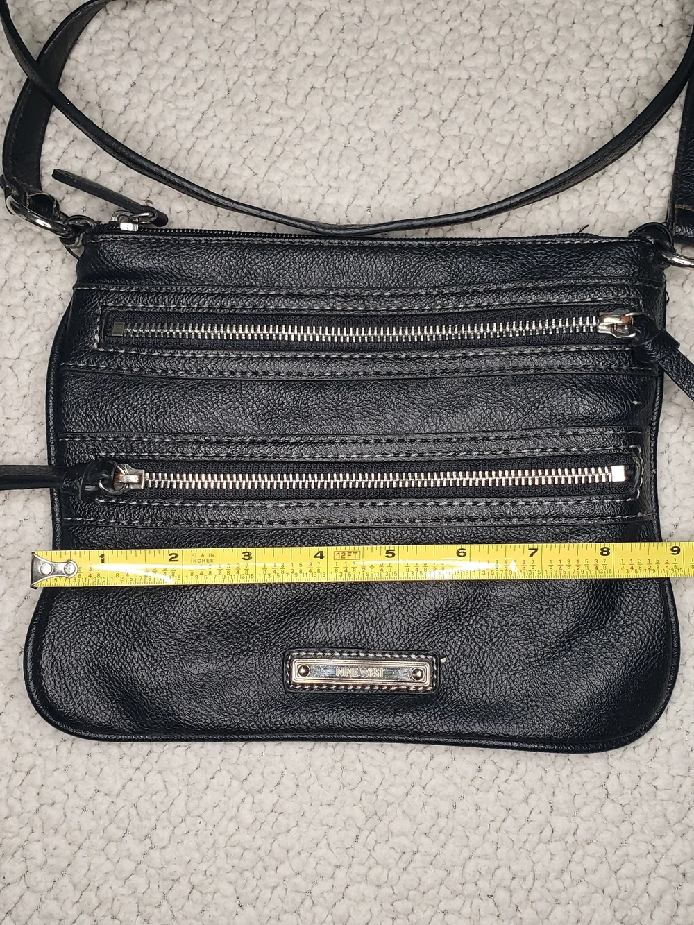NINE WEST Black Leather Crossbody Bag with Three Front Zippers | Medium